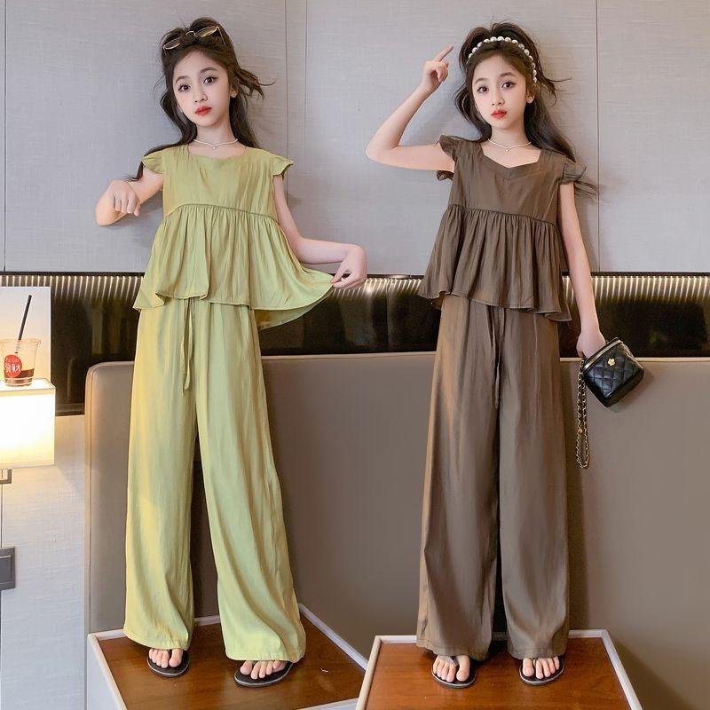 Set di abbigliamento estivo per ragazze adolescenti Top da principessa alla moda per bambini + pantaloni a gamba larga 2 pezzi Completi tuta per bambini