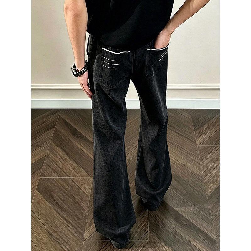 Mens Gray Black Embroidered Flare Dress Pants Old Money Style Relaxed Fit Casual Trousers