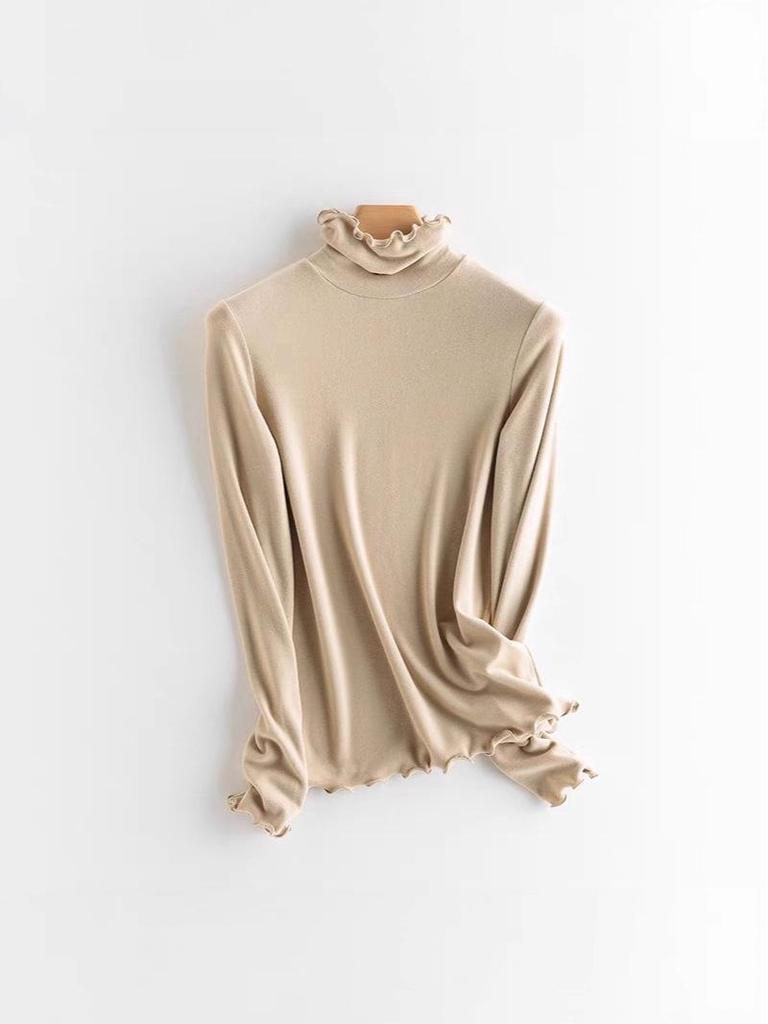 Double-Sided Velvet Frilled High-Collar Long Sleeve Women's T-Shirt - Autumn/Winter Fashion, High Elastic, Versatile.