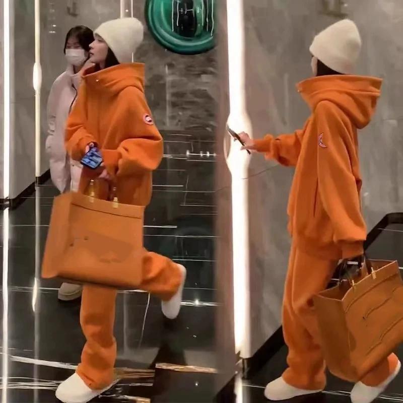 Costum sport de damă mărime plus, larg, care acoperă carnea, pulover sport de primăvară și toamnă cu cardigan cu glugă, costum din două piese