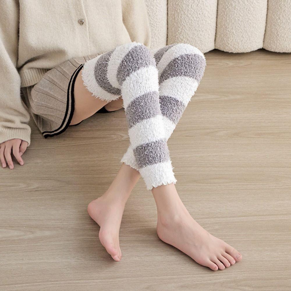 Thicken Warm Coral Fleece Stockings Stripe Floor Plush Stockings Cute Foot Warmer Winter