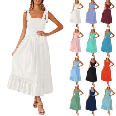 Women's Fashion Bohemian Straps Square Neck Solid Color Ruffle A-Line Beach Long Dresses