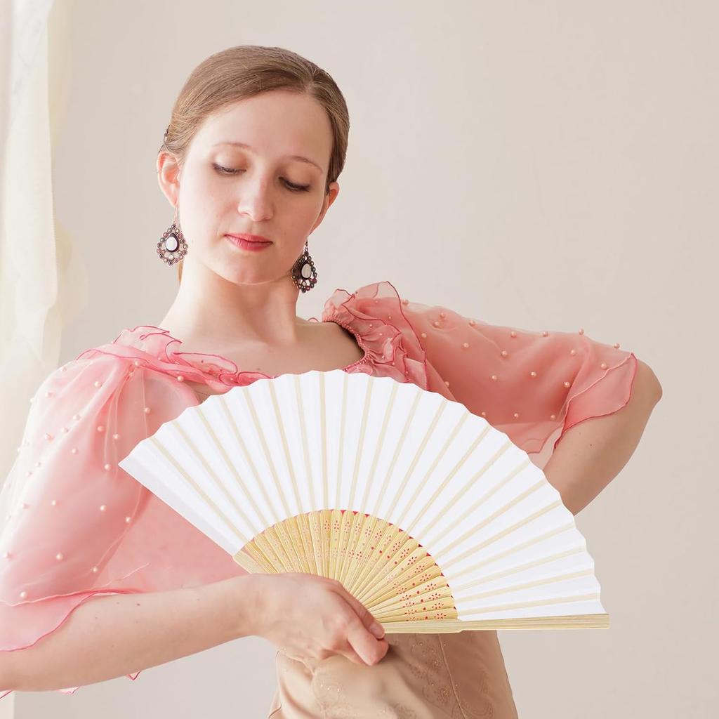 White Folding Hand Fan, Chinese Handheld Fan with Tassel Wooden Charming, DIY Blank Paper Fan Elegant Vintage Retro Style for Women Dance Party Home,