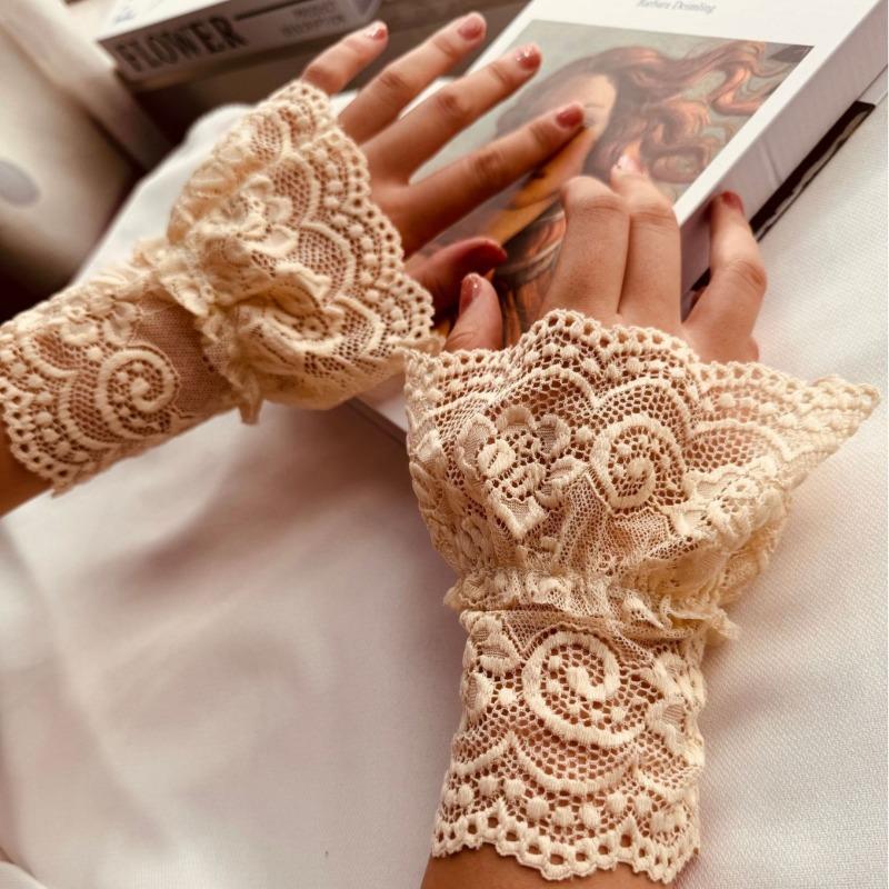 

Summer Mesh Lace Hollow Hook Flower Fake Sleeve Set for Women s Fashion with Trumpet Cuffs Lace Fake Sleeves Wrist Cover Length 15cm