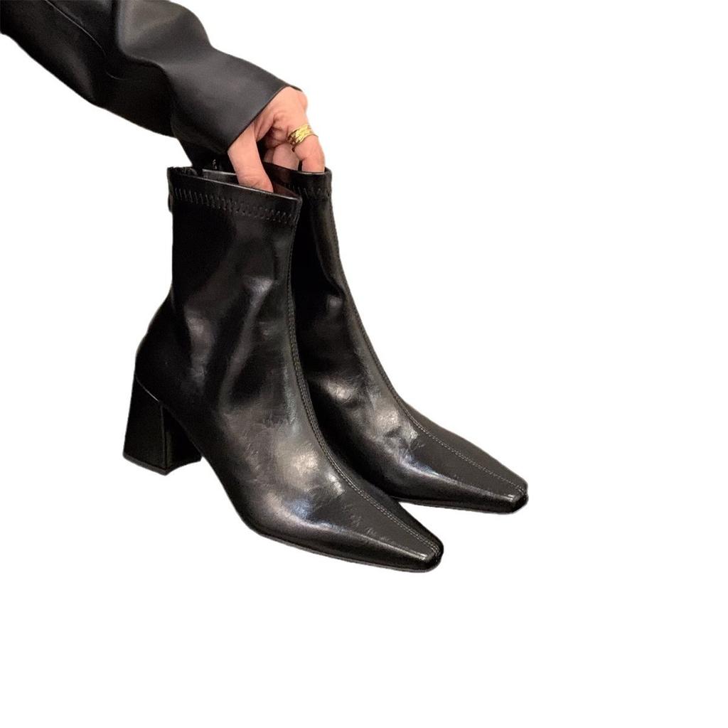 High Heel Square Head Brown Martin Boots Women's Shoes 2025 New Spring and Autumn Single Boots with Skirt French Small Bare Boots Short Boots