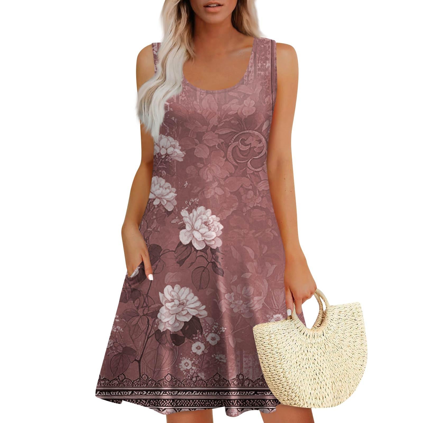 

Women s Summer Casual Square Neck Floral Print Sleeveless Dress With Pockets L червоний