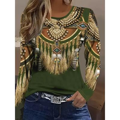 Retro Damen Langarm T-Shirt Western Ethnisch Floral Rundhals T-Shirt Top 2025 Herbst Übergröße Damenbekleidung