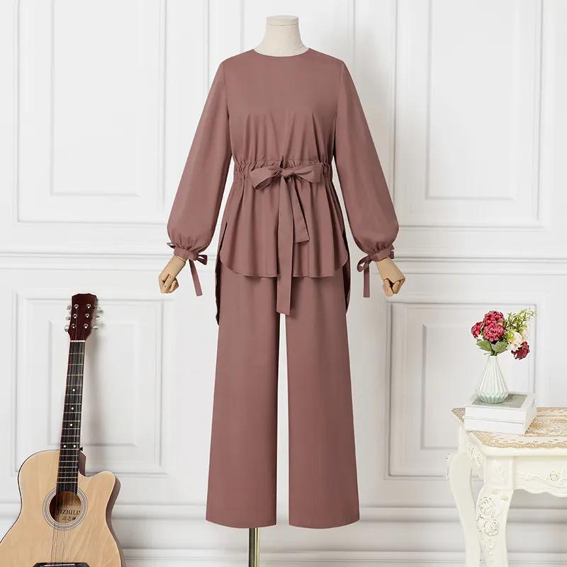 H730 Damski dwuczęściowy zestaw w jednolitym kolorze: Top z okrągłym dekoltem i spodnie z szerokimi nogawkami