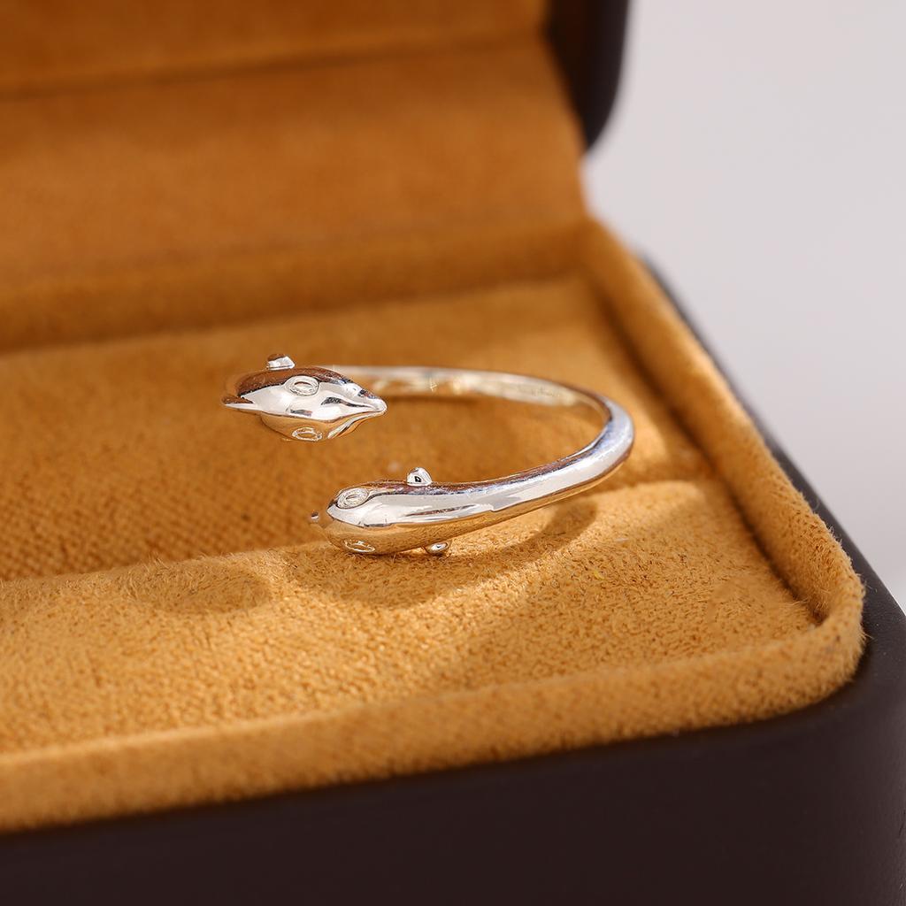 New Popular Exquisite Animal 925 Sterling Silver Jewelry Creative Double Dolphin Hypoallergenic Female Opening Rings  R289