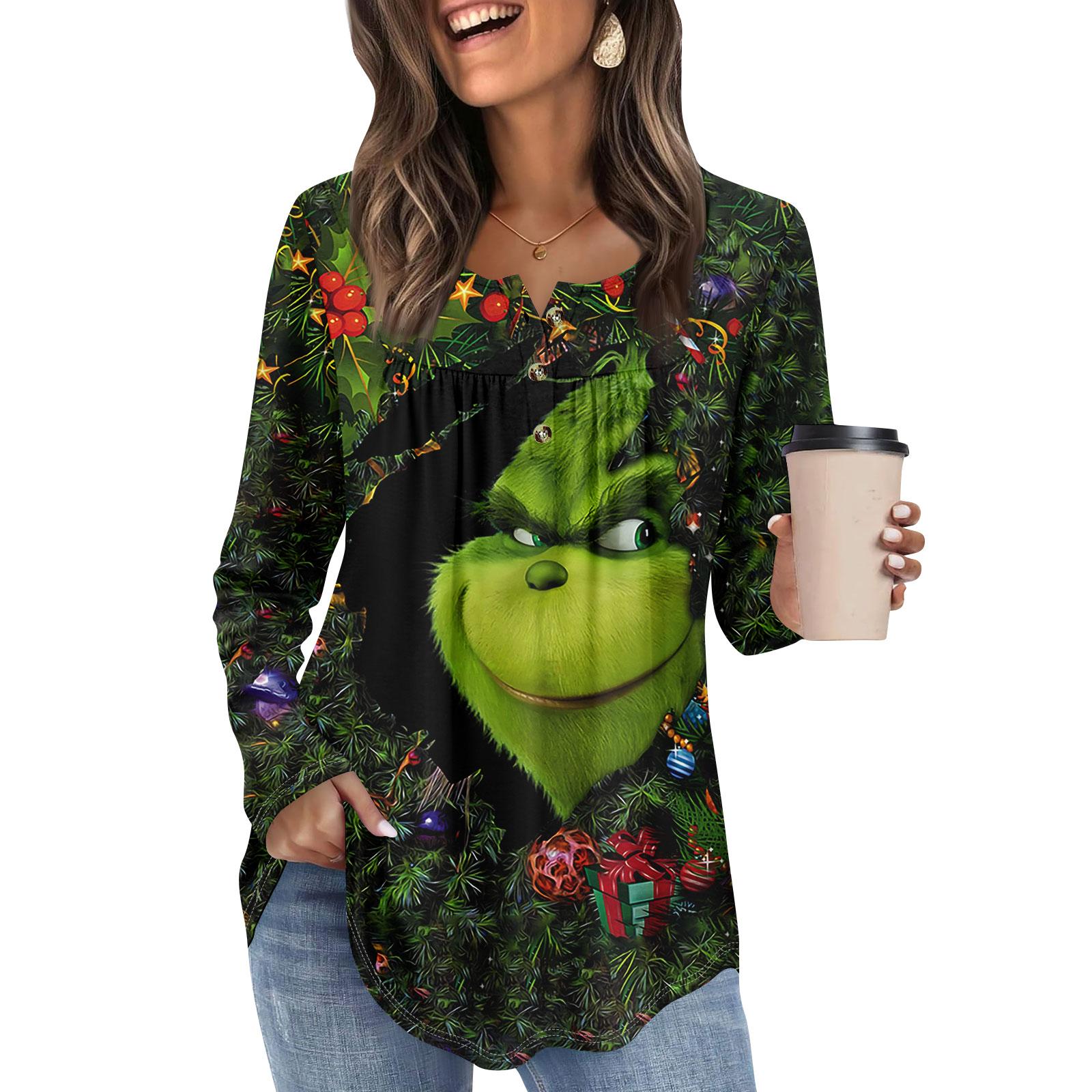 

Женская туника с длинным рукавом, свободные топы, повседневные топы оверсайз, плиссированная туника, застегивающаяся на пуговицы, повседневные женские топы с принтом XL зелёный