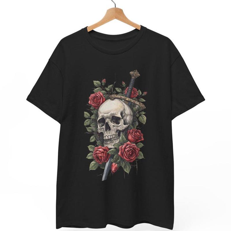 Skull Pierced By Sword Roses Thorns Gothic TShirt