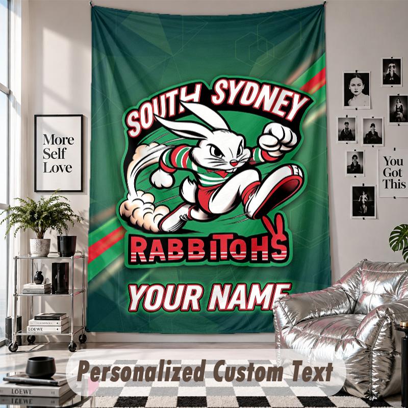 Wall Hanging Tapestry With Custom Name & Text, South Sydney Rabbitohs Decorative Tapestry For Bedroom