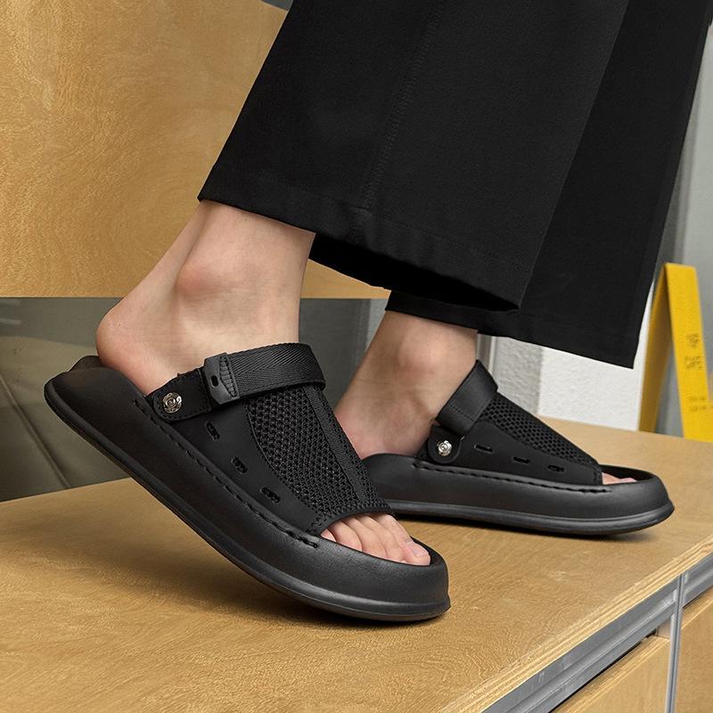 Herren Ein-Wort-Sandalen tragen atmungsaktive weichsohlige lässige vielseitige Mode-Strandschuhe 471226 schwarz-J