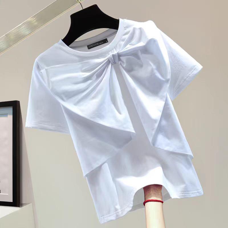 

ZANZEA Женская мода с круглым вырезом и коротким рукавом, однотонная свободная блузка с декоративным узлом M белый