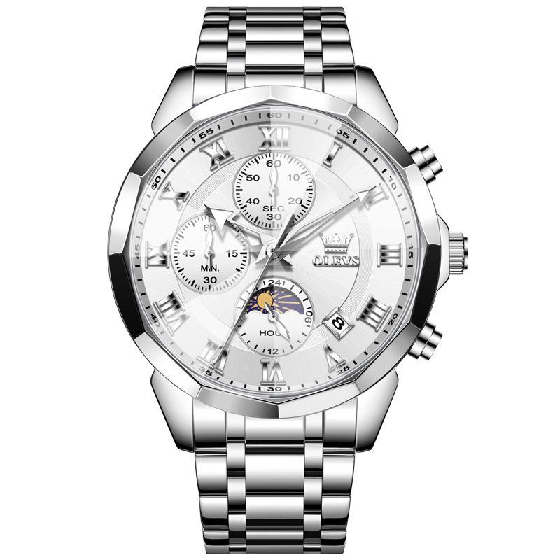 Oulishi Herren Multifunktions-Chronograph mit massivem Stahlarmband und Faltschließe