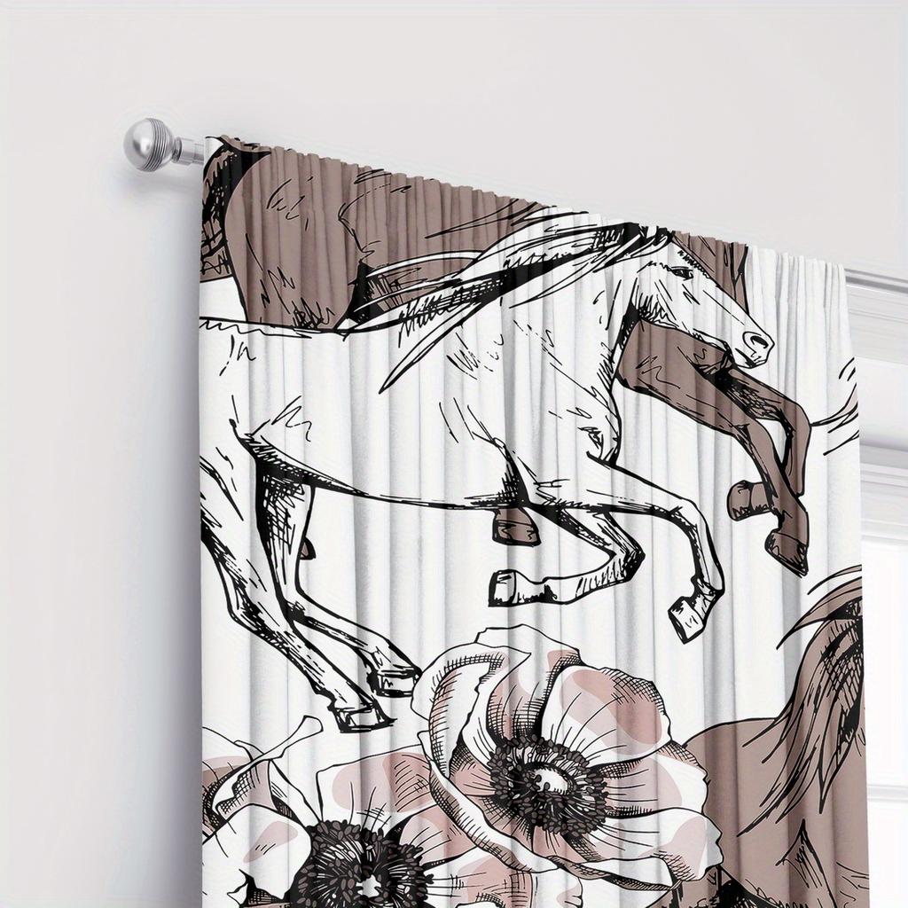 2pc Animal horse print curtains, polyester fabric, machine washable, suitable for bedroom and living room decoration