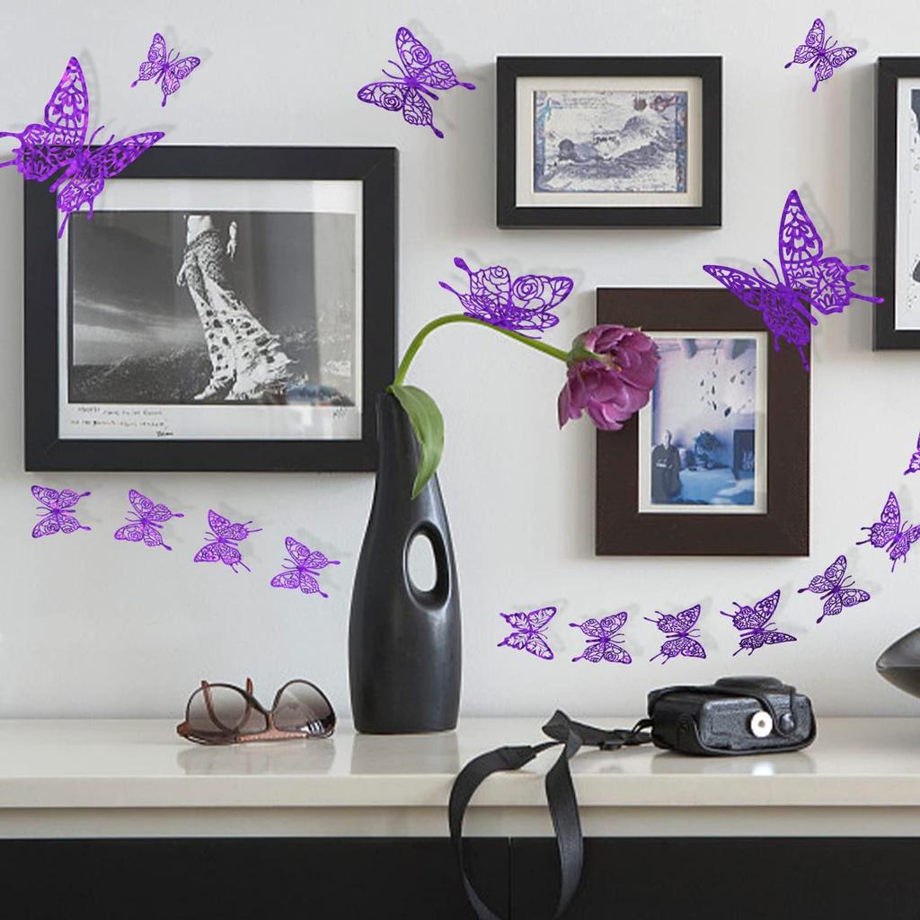 Purple Butterfly Stickers Decor 48pcs 4 Styles 3 Sizes Butterfly Decorations Butterfly Party Cake Decorations 3D Butterfly Stickers Decals for Girls