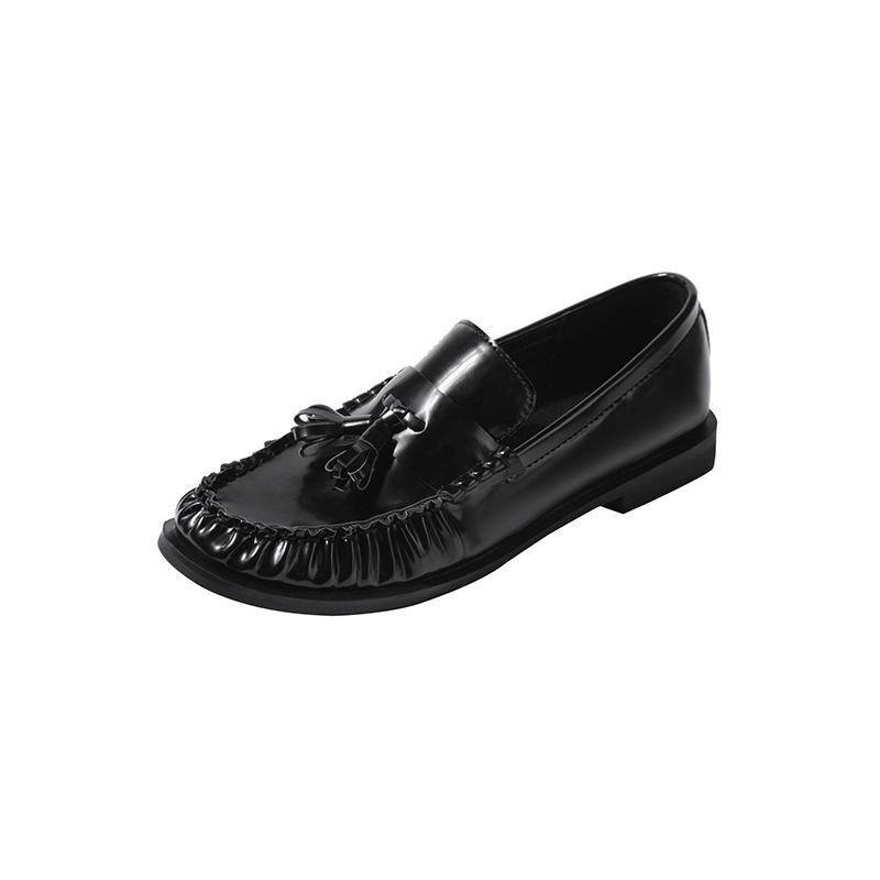 Loafers Women's British Style New Patent Leather Tassel Braided Round-toe Single Shoes with One Foot Genuine Leather Shoes