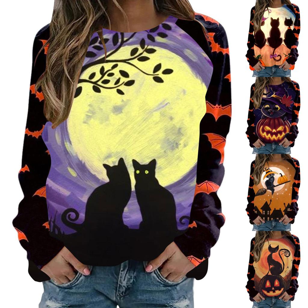 Women's Casual Fashion Halloween Print Long Sleeve Pullover T-shirt Top