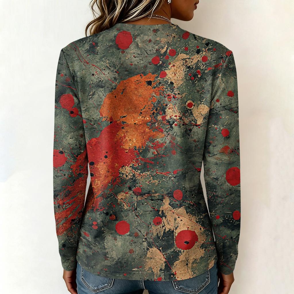 Women's Casual Round Neck Long Sleeve Top with Halloween Print for Festive Occasions