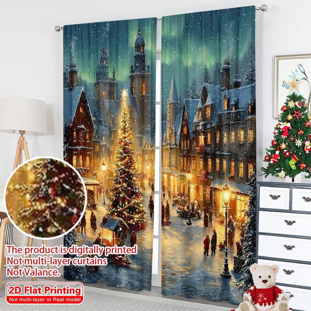 Set Of 2 Flat Printing Merry Christmas Popular Window Curtains Winter Village Versatile Fabric Without Electricity Spring Party Made Polyester