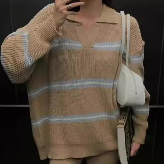 Vintage Stripe Casual Sports Suit for Women Spring Autumn Fashionable Relaxed Knit Long Sleeve Top + Shorts Two-piece Set Female