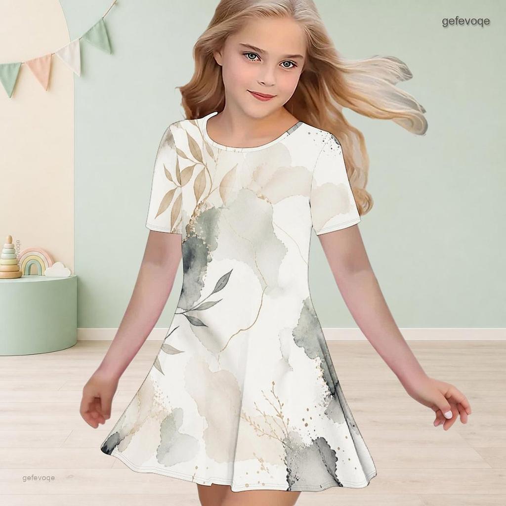 Girls Round Neck Short Sleeve Abstract Marble Printed A Line Flared Dress