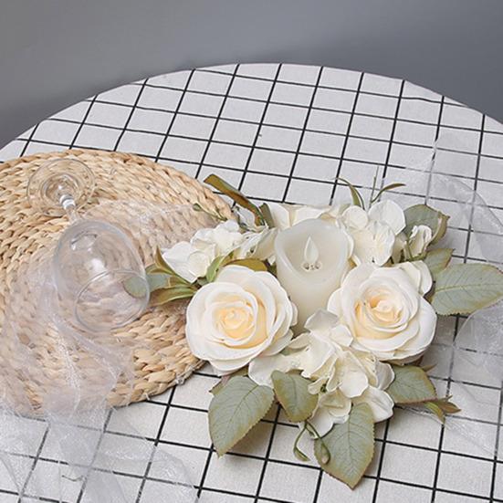 Artificial Rose Wreath Candle Ring Realistic Mini Faux Rose Garland with Plastic Base Candle Wine Decoration Weddings Party Dining Table Centerpiece