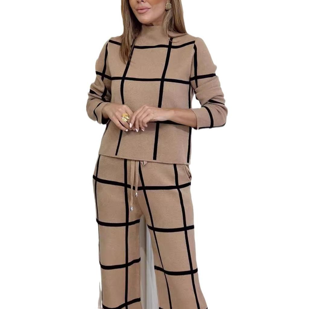 2024 Fall/Winter Women's Solid Color Plaid High Neck Long Sleeve Top & Long Pants Set