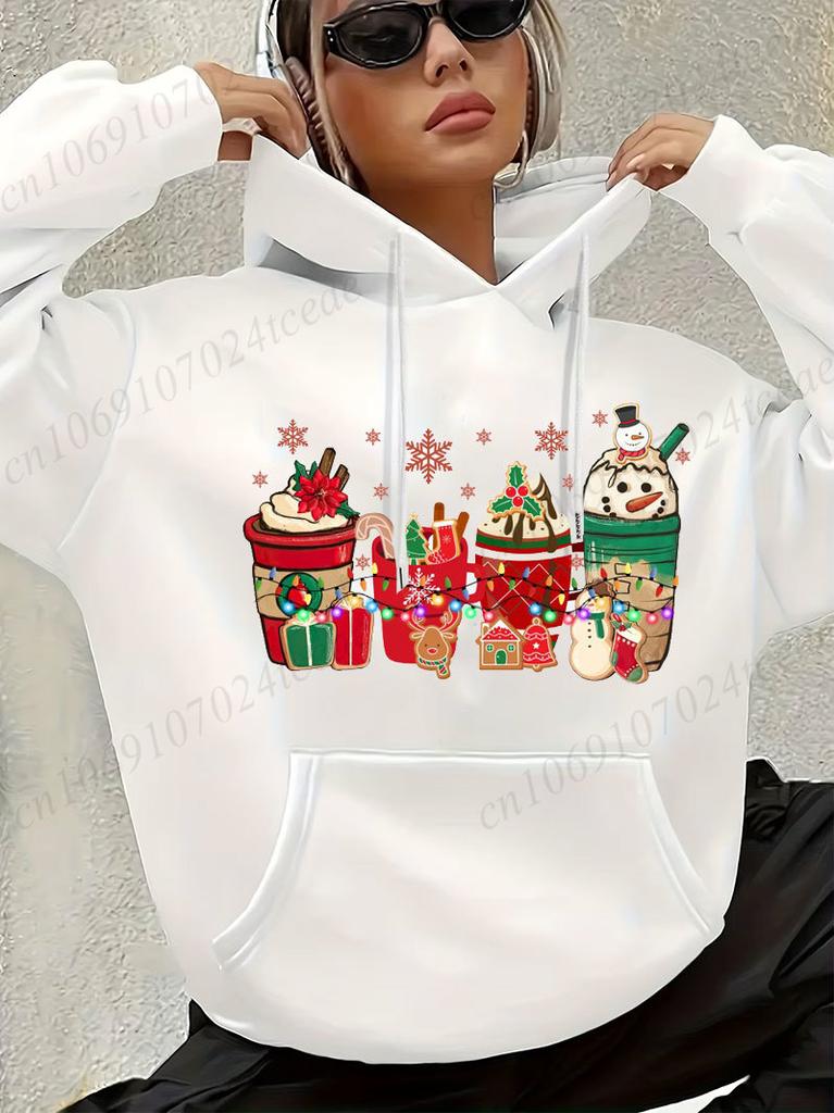 Women Hoodies Christmas Coffee Print Hoodie Snowman Gingerbread Sweatshirts Fashion Trendy Streetwear Xmas Holiday Gifts