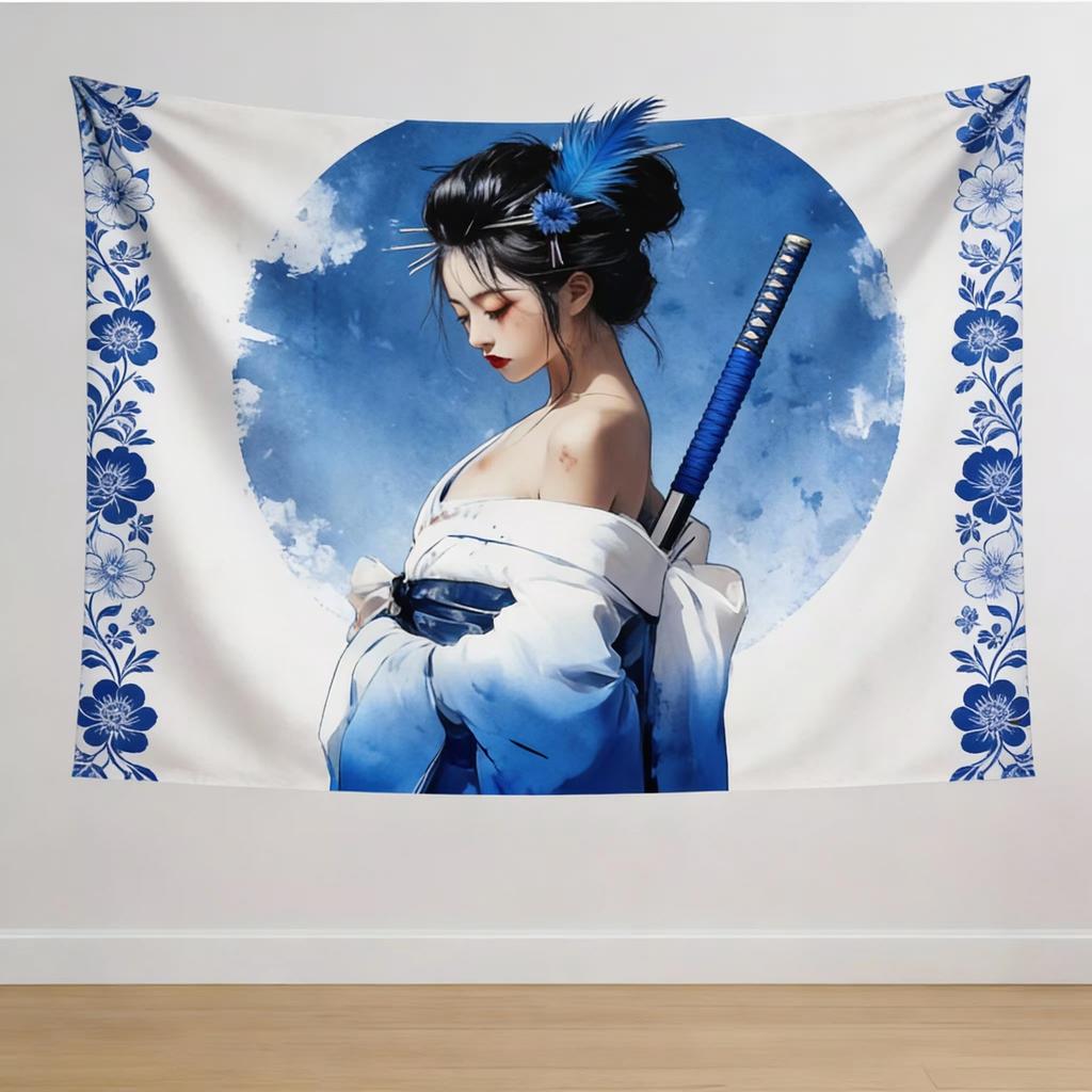 Japanese Sword Woman Tapestry, White Kimono Red Floral Design Wall Hanging For Living Room Home Decor Accessories