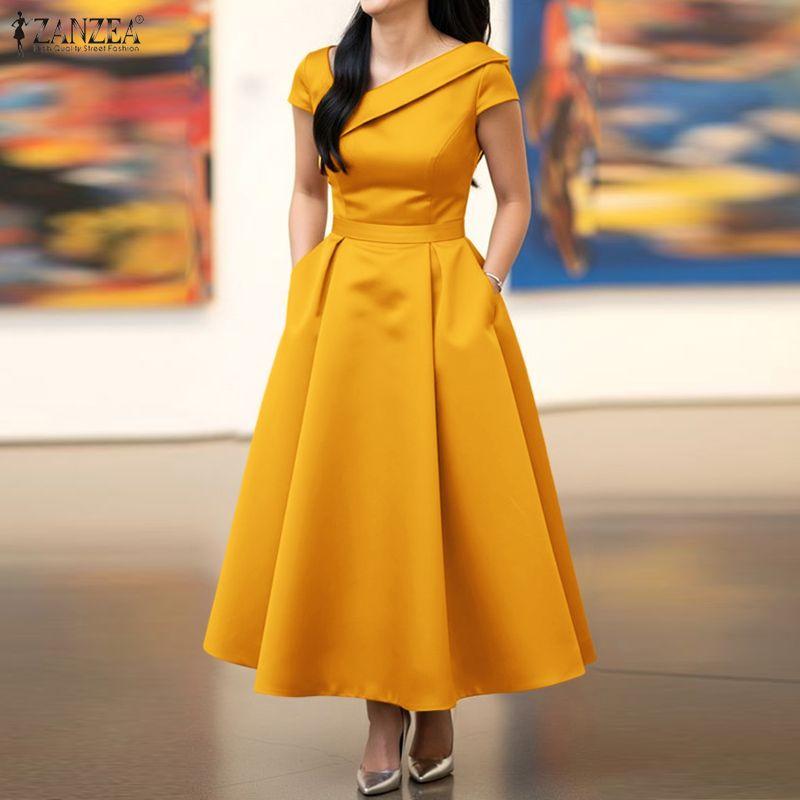 ZANZEA Women Elegant Irregular Collar Short Sleeve Casual Dress