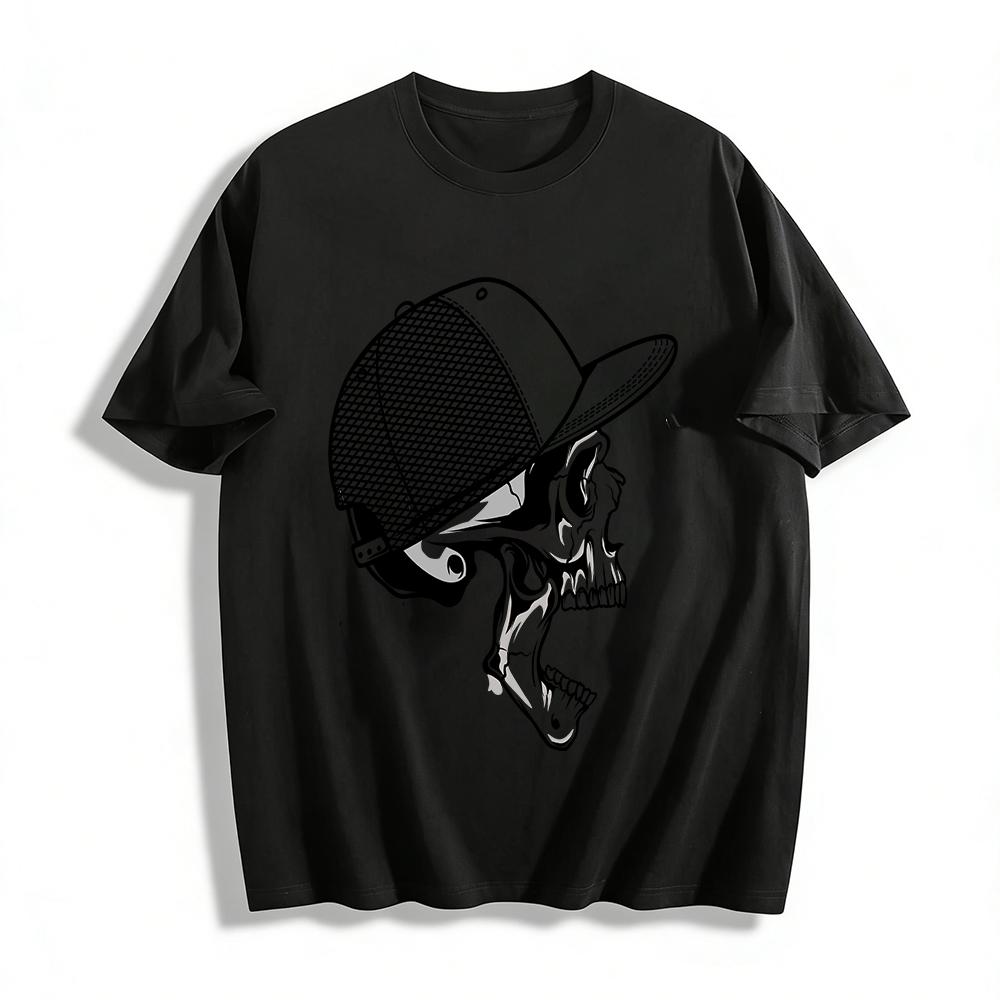 

Trendy Street Style Mesh Cap Skull Print Casual Top Pure cotton T-shirt XXS