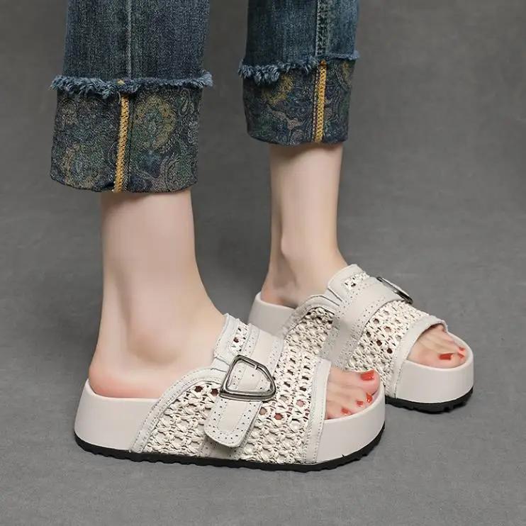 Fashion 5CM Weave Sheepskin Leather Shoes Hollow Mary Jane Loafer Slippers Platform Wedge Flats Peep Toe Women Breathable Sandals Summer