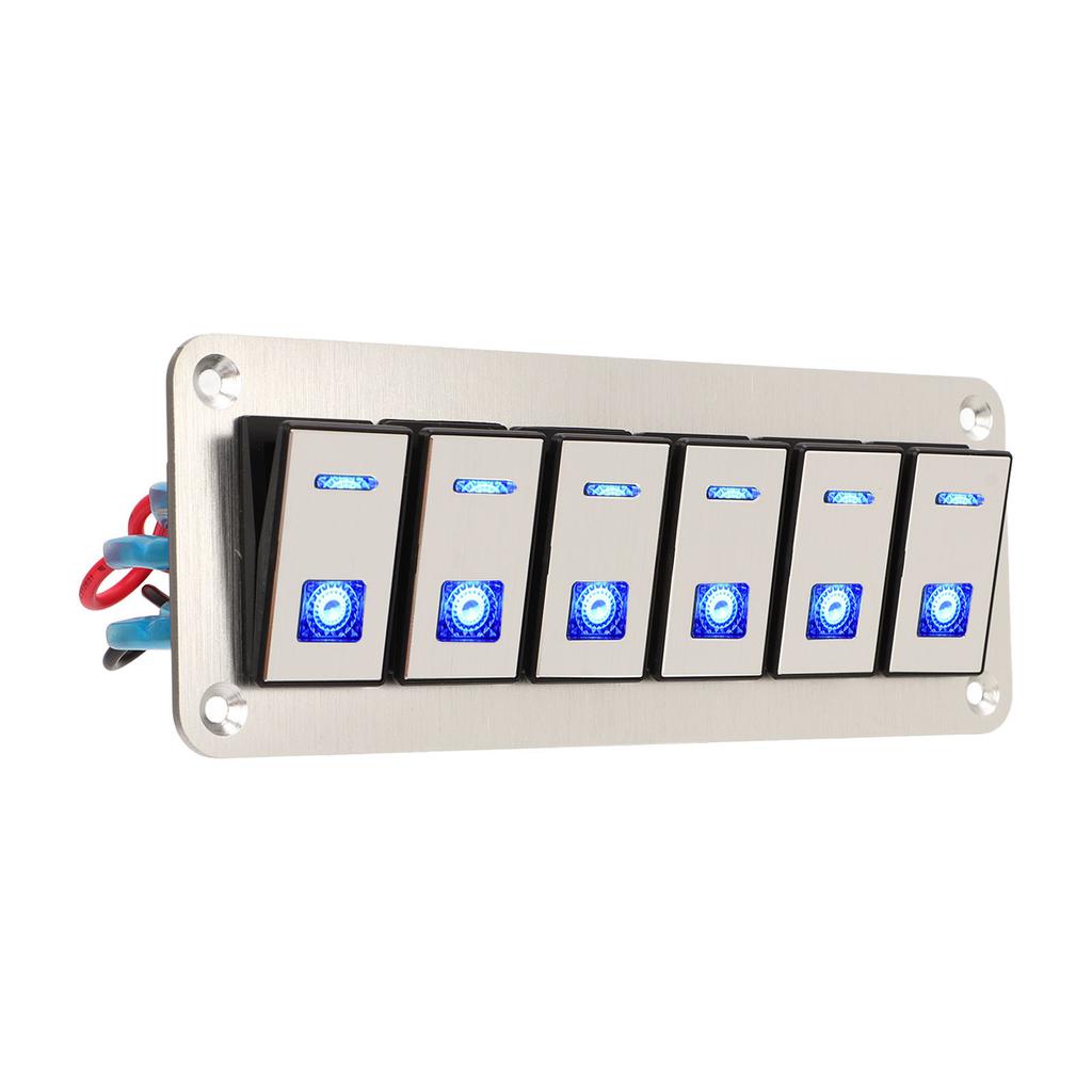 6 Gang Rocker Switch Panel 12V 24V Blue LED Waterproof SPST On Off Pre Wired Switch for Car Boat Tru