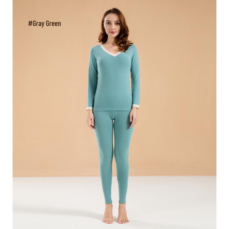 Women's V-Neck Pure Cotton Warm Base Layer Set - Autumn/Winter