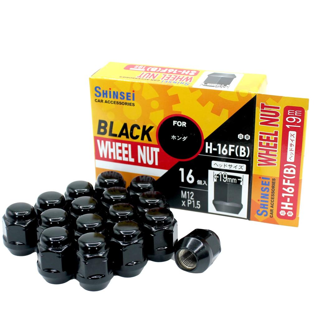 Shinsei Wheel M12 Pack of for Honda Nuts, Black, P1.5, 19mm, 16, H-16FB