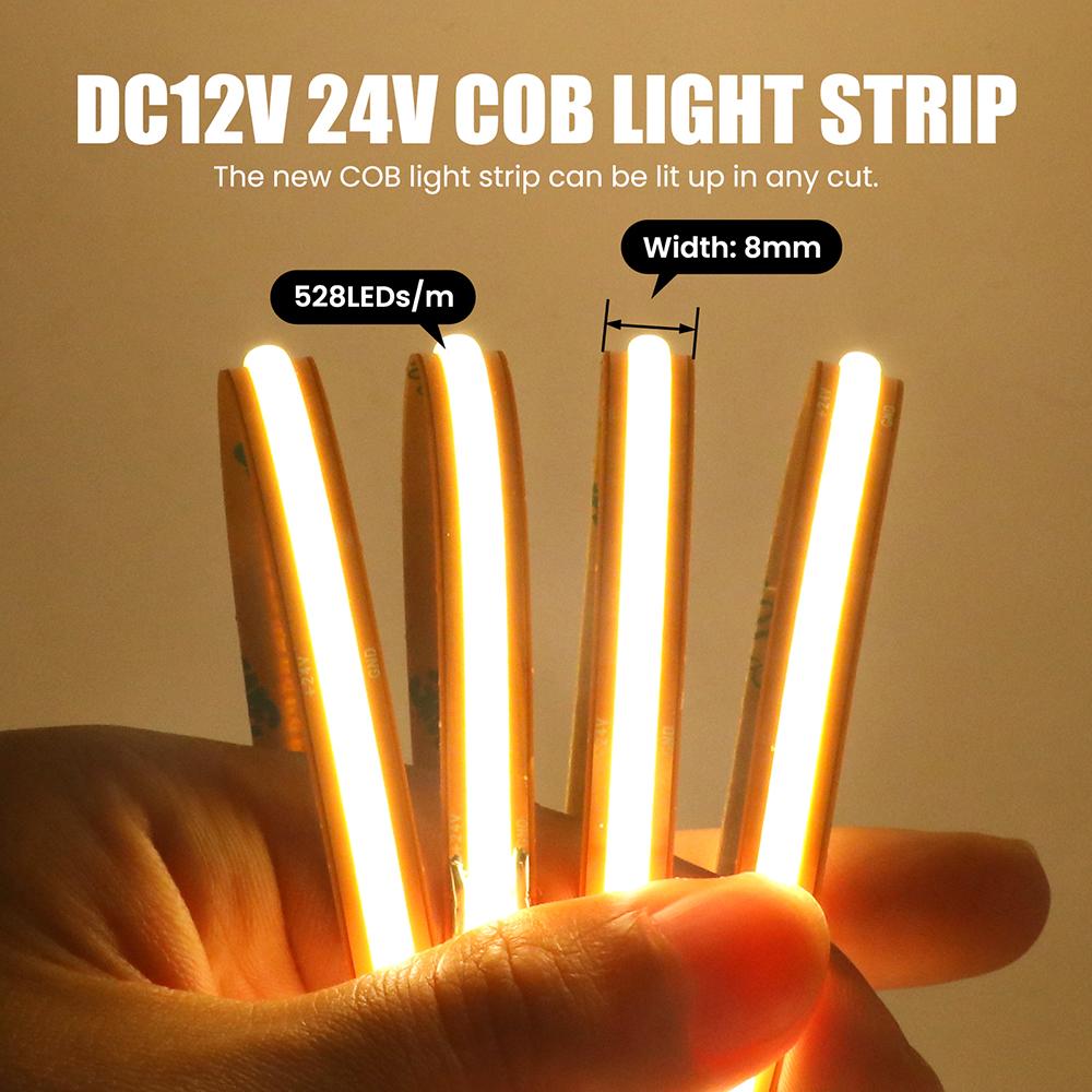12V 24V COB LED Strip Light 528LEDs/m Cut Freely High Bright Flexible Tape 8mm PCB Linear Lighting 3000K 4000K 6000K Home Decor