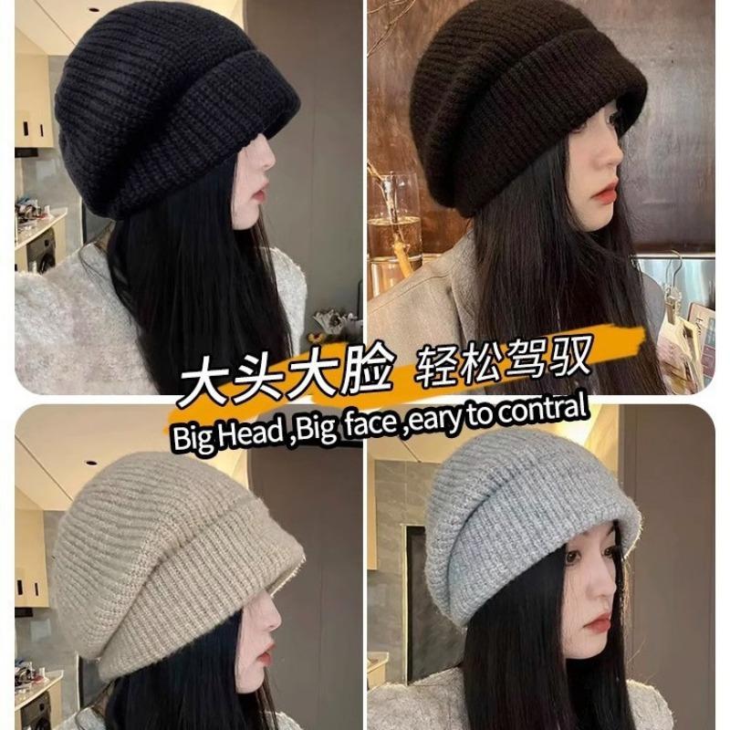 New Knitted Hat Women's Autumn and Winter Big Head Circumference Wool Hat Loose Stacking Hat Versatile Show Face Small Cold Hat