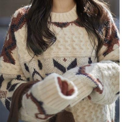 Jacquard-Pullover Damen Winter Nische dick Rundhals Strickpullover Koreanische Version Designgefühl vielseitig College-Stil
