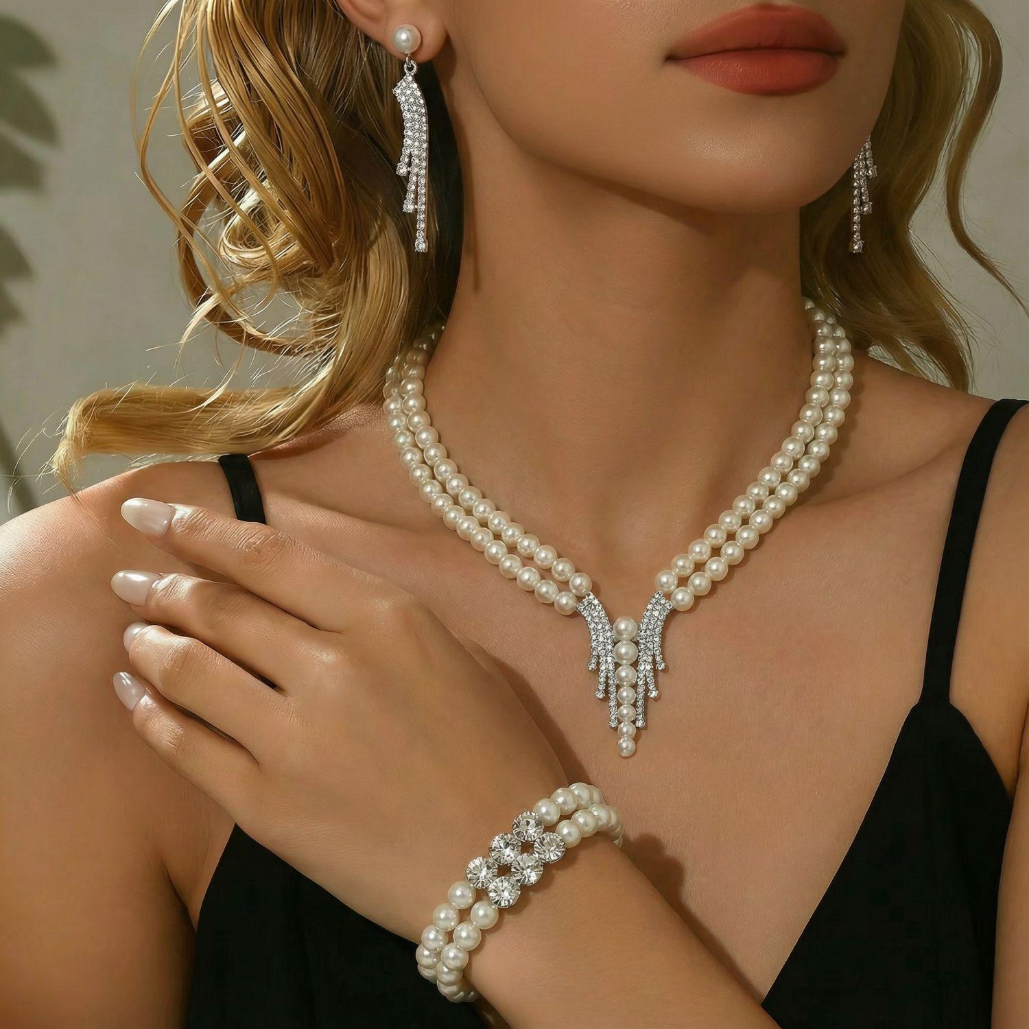 

Pearl necklace, earrings, bracelet, three-piece set, fashionable simplicity, high-end sense, niche design, high-end