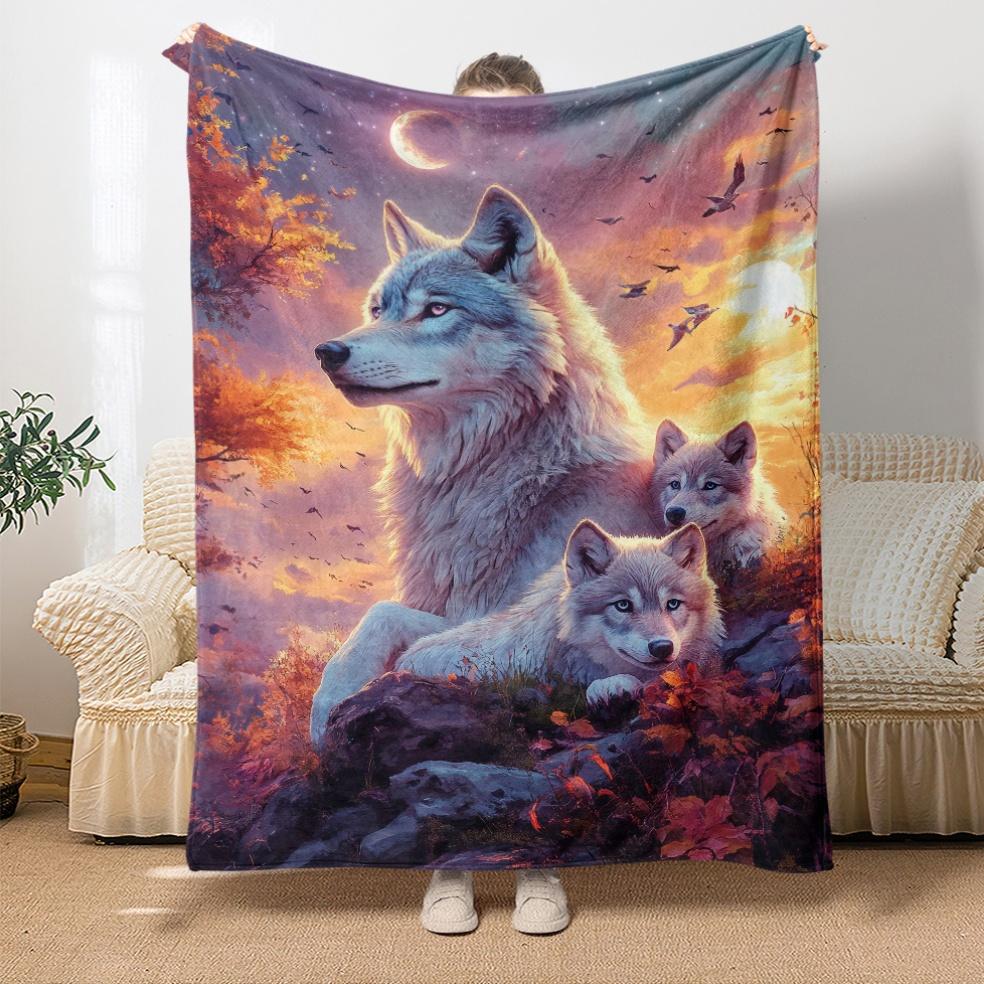 Custom Wolf Family Blanket Sunset Moon Forest Design Personalized Name Fleece Throw All Season Soft Warm Bedding Home Decor Gift