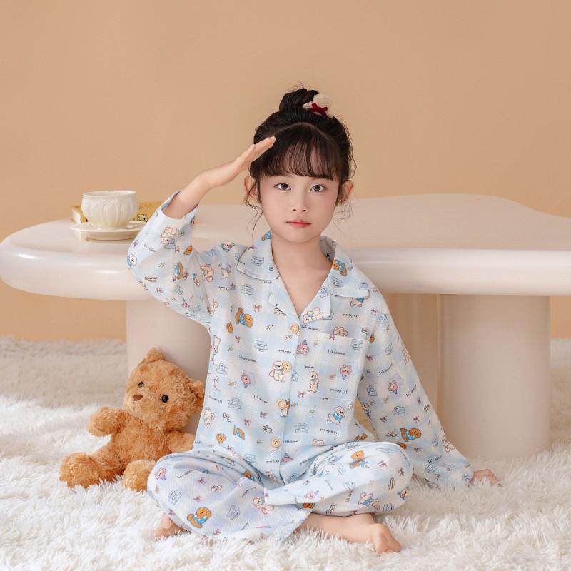 Cotton Girls Pajama Set Long Sleeve Button Front Sleepwear Kids 8 Years Thin Comfortable Home Outfit