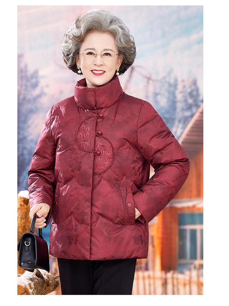 Vintage Rote Daunenjacke im chinesischen Stil für mittelalte und ältere Frauen, Warmer Wintermantel mit Entendaunen