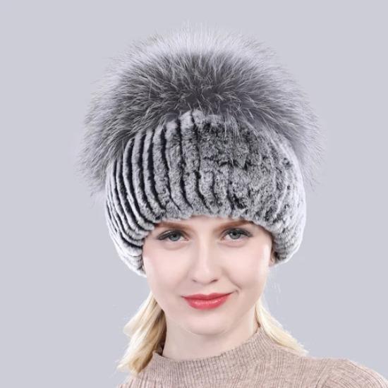 New Outdoor Good Elastic Natural Rex Rabbit Fur Hat Women Winter Knitted Real Sliver Fox Fur Cap Lady Real Fur Hats