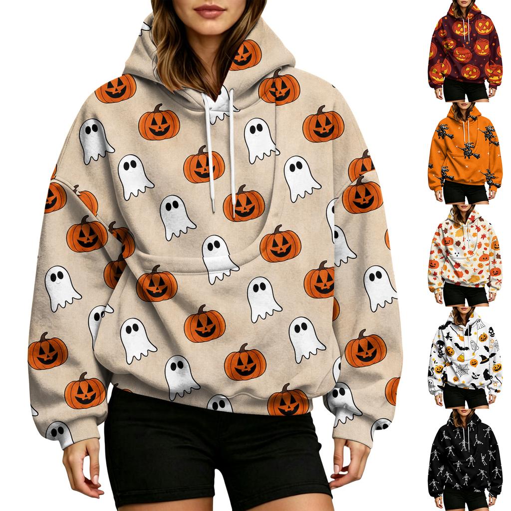 Women's Halloween Print Hoodie with Large Pet Pocket for Fall and Winter Casual Wear