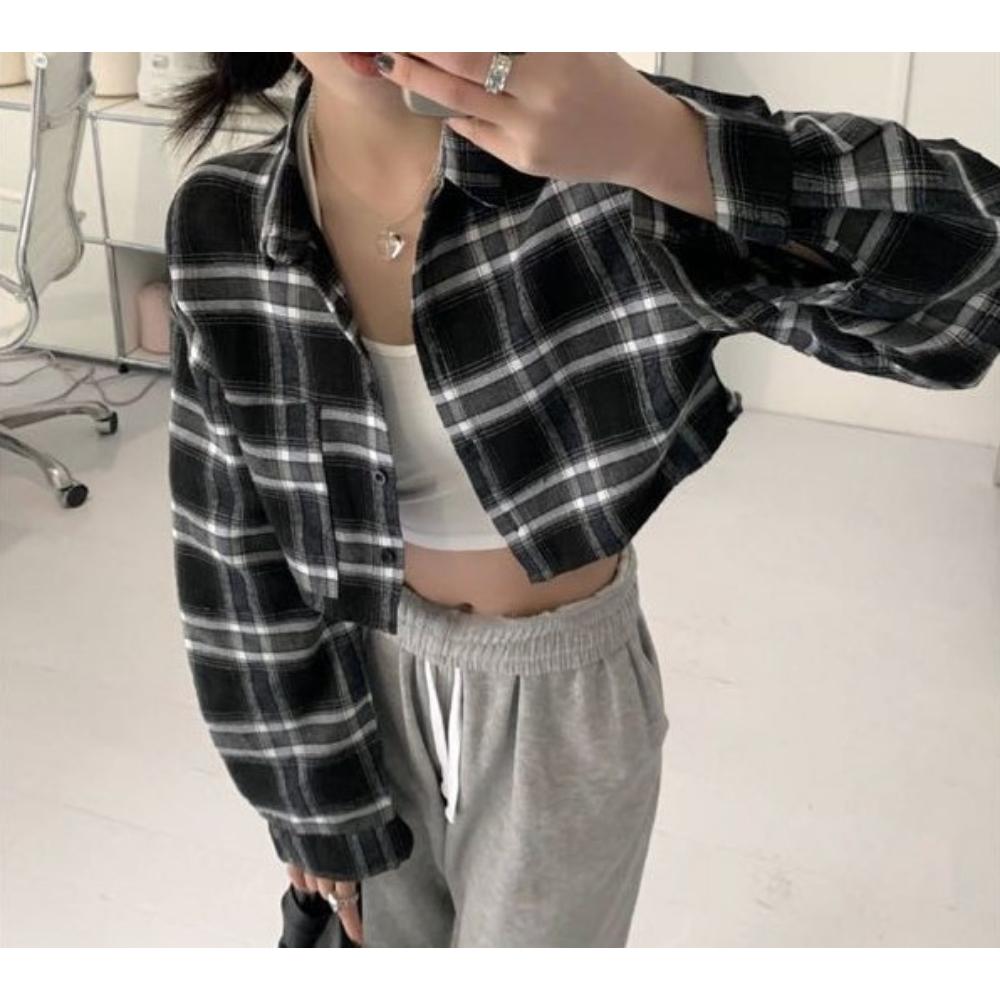 

Корейская Ранняя Осень Ретро Клетчатый Отложной Воротник Длинный Рукав Короткая Рубашка для Женщин Приталенный и Топ до Пупка для Женщин M чёрный