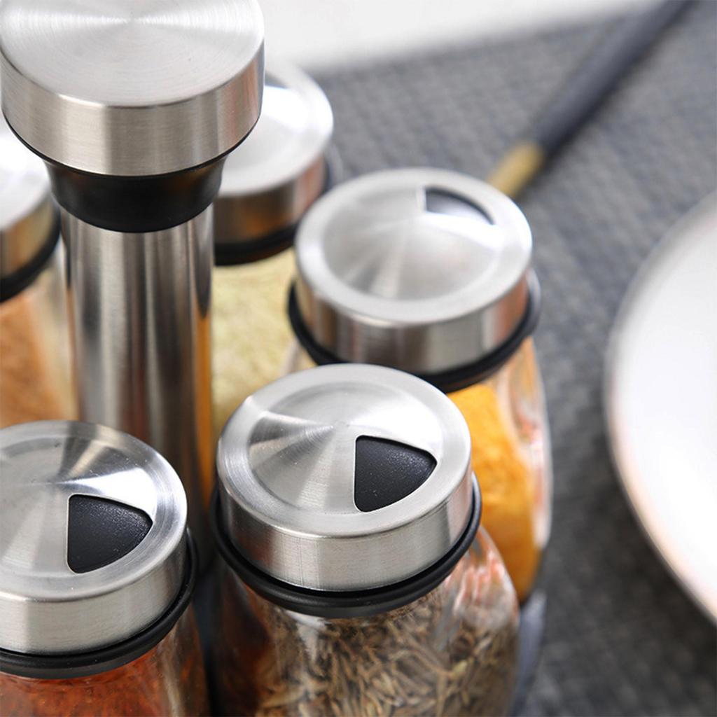 Rotating Spice Rack Set - 360° Revolving Glass Seasoning Jars with Stainless Steel Lids Food-Safe Lead-Free Glass for Kitchen Countertop, BBQ, Camping