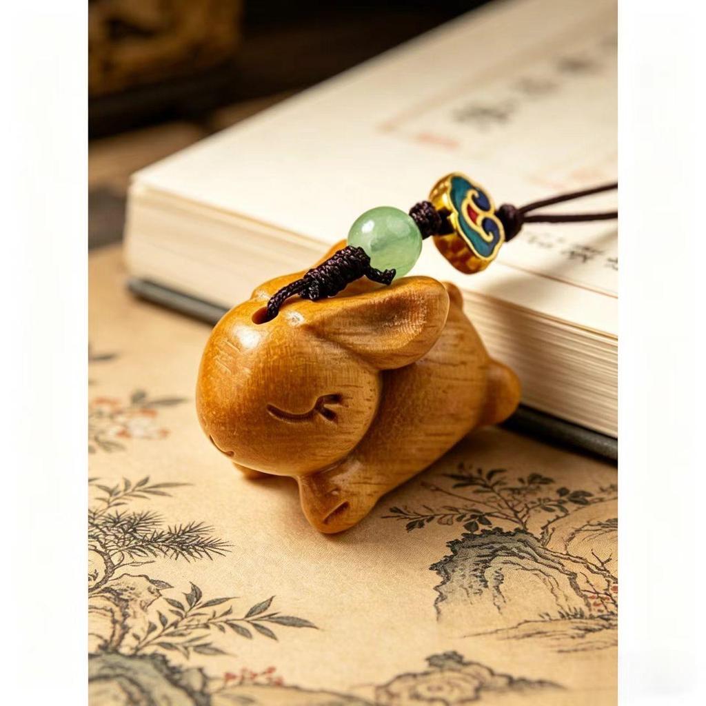 Sandalwood Rabbit Zodiac Keychain & Pendant with Lanyard - Creative Auspicious Clouds Design for Men & Women