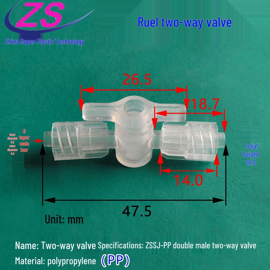Korrosionsbeständiger Luer-PP-Zweiwegehahn, Stecker/Buchse, lösungsmittelbeständiger Kunststoff-Dosierschalter